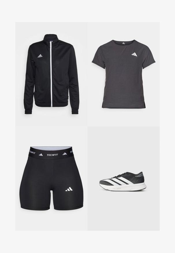 Black zip-up jacket with a high collar, made from smooth fabric. Features white zipper and 'adidas' logo in white on the left chest.; Short-sleeve athletic t-shirt, dark gray with perforated texture. Features a white logo and contrasting side stripes. Rounded neckline.; Black shorts made from stretchy fabric with a fitted design. Features a wide black waistband labeled "TECHFIT" and a white logo on the leg.; Black athletic shoe with white stripes, mesh upper, cushioned sole, and a sleek design. Accents of gray on the heel and tongue.