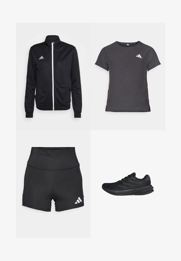 Black zip-up jacket with a high collar, made from smooth fabric. Features white zipper and 'adidas' logo in white on the left chest.; Short-sleeve athletic t-shirt, dark gray with perforated texture. Features a white logo and contrasting side stripes. Rounded neckline.; adidas Performance Leggings - black; Black athletic shoes with a mesh upper, streamlined shape, flat sole, and three diagonal stripes on the side. Lightweight design for comfort.