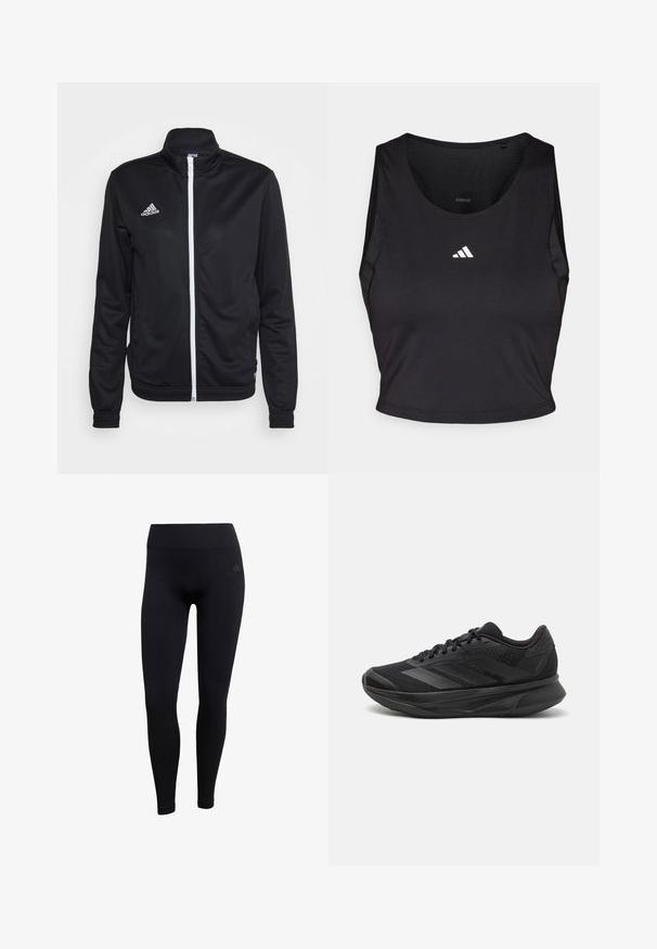 Svart zip-up jacka med hög krage, tillverkad av släta material. Har vit dragkedja och 'adidas'-logotyp i vitt på vänster bröst.; Svart sportcrop top tillverkad av fukttransporterande tyg, med rund hals, ärmlös design och vitt logo på bröstet.; Svarta sportleggings i elastiskt material med hög midja, åtsittande design och ribbade fotmanchetter. Diskret logotyp.; Svart löparskor med ett andningsbart mesh-övre, rund tå, elegant design, texturerade accenter och en dämpad sula för komfort.