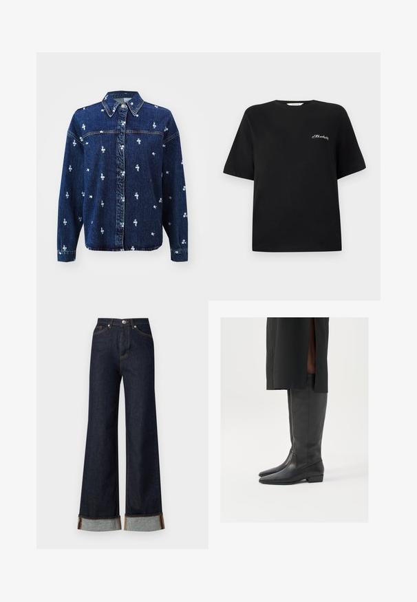Camisa de denim azul-escuro com gola, apresentando bordados florais brancos, fecho com botões e mangas longas.; T-shirt de algodão preto com mangas curtas e decote redondo. Apresenta texto bordado branco na área do peito esquerdo. Textura suave.; Vero Moda VMTESSA WIDE FOLD UP - Wide leg - dark blue denim; Botas pretas até ao joelho, feitas de couro liso, com bico pontudo e salto baixo em bloco; costuras mínimas e design elegante.