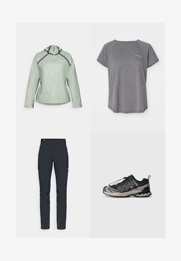 Lichtgroene waterdichte jas met een capuchon, voorzijde met rits en contrasterende donkergrijze naden. Bevat ritszakken aan de zijkant en elastische manchetten.; Grijze T-shirt met korte mouwen, met een subtiel textuurpatroon, ronde halslijn en het Columbia-logo op de borst. Zacht materiaal, relaxte pasvorm.; Heren buitenbroeken, donkergrijs, gemaakt van flexibel materiaal, met een riem, ritszakken en verstevigde stiksels.; Zwart en grijs sportieve schoen met een bovenwerk van mesh, rubberen zool en een elastisch vetersysteem. Heeft een verstevigde neus en textuuraccenten.