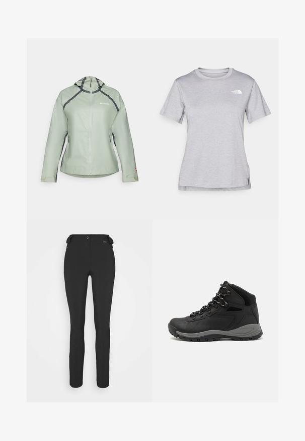 Lys grønn vanntett jakke med hette, frontglidelås og kontrasterende mørkegrå sømmer. Har glidelåslommer på sidene og elastiske mansjetter.; Grå kortermet t-skjorte laget av myk, fukttransporterende stoff. Har en rund hals og en liten hvit logo på øvre venstre side.; Svart, tettsittende bukser laget av et fleksibelt materiale. Funksjoner inkluderer en glidelåslukket sidelomme, artikulerte knær og en glatt tekstur.; Sorte turstøvler med mid-topp design, som har en teksturert overdel, grå detaljer og slitesterk gummisåle med godt grep.