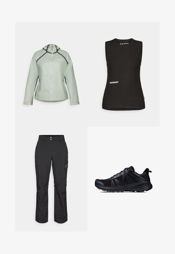 Giacca impermeabile verde chiaro con cappuccio, zip anteriore e cuciture contrastanti grigio scuro. Presenta tasche laterali con zip e polsini elastici.; Canottiera nera senza maniche con un motivo texturizzato, caratterizzata da un colletto rotondo e un logo "MAMMUT" sul davanti. Realizzata in materiale traspirante.; Pantaloni outdoor neri con taglio dritto, dotati di chiusura con bottone, tasche laterali con zip e una patch con logo sulla coscia sinistra.; Scarpe da trail running nere con tomaia in rete e suola in gomma. Presentano sovrapposizioni testurizzate, punta rinforzata e logo del marchio sul tallone.