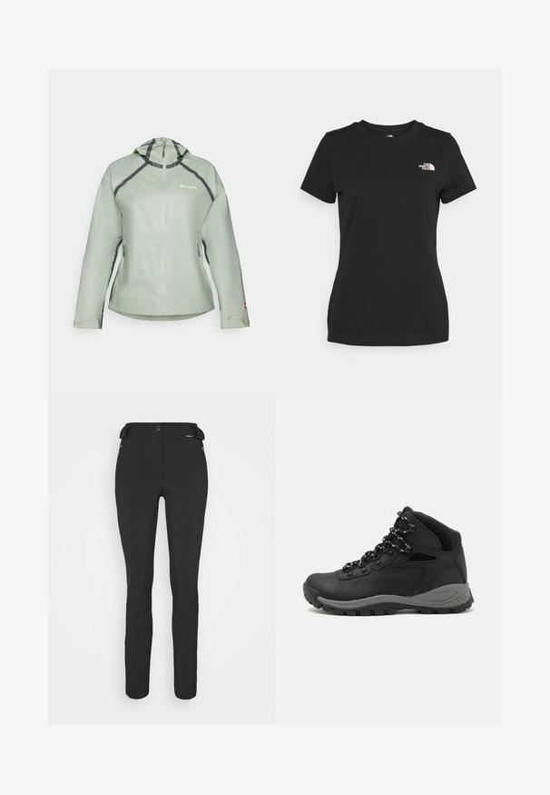 Šviesiai žalia vandeniui atspari striukė su kapišonu, priekiniais užtrauktukais ir kontrastingomis tamsiai pilkomis siūlėmis. Turi užtrauktukais uždarančias šonines kišenes ir elastines rankoves.; Juodas medvilninis marškinėliai su apvalia apykakle ir trumpomis rankovėmis. Išskirtinis baltas logotipas viršutinėje kairėje pusėje. Sklandus tekstūra, laisvas pritaikymas.; Juodos, prigludusios kelnės, pagamintos iš lankstaus medžiagos. Ypatybės: šoninis kišenės užtrauktuku, suformuotos kelių sritys ir lygi tekstūra.; Juodas žygio botas su vidutinio aukščio dizainu, pasižymintis tekstūruota viršutine dalimi, pilkų akcentų ir patvaria guma padanga su sukibimo gumbais.