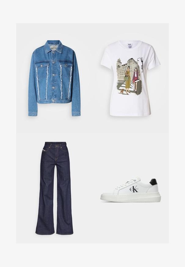 Gaiši zila džinsu jaka ar klasisku apkakli, nolietotiem priekšējiem paneļiem, divām krūšu kabatām un sudraba krāsas pogām. Garās piedurknes.; Balta kokvilnas T-krekls ar divu sieviešu, kas ģērbtas urbanā stilā, zīmējumu, uz kura redzams suns uz gājēju pārejas un pilsētas ēkas.; Tumši zili platleņķa džinsi no denima auduma ar augstu jostasvietu, ar oranžām šuvēm, piecu kabatu dizainu un pogu aizdari.; Baltā zema topa sporta apavas ar melnu papēža cilni, platformas zoli, auklēm un Calvin Klein "CK" logo sānos.