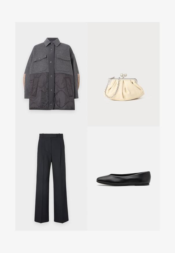 WEEKEND MaxMara OSSOLA - Light jacket - medium grey; Black knit sweater with long sleeves, crew neckline, and a small white heart on the chest. Soft texture and ribbed cuffs and hem.; Dark blue pinstriped trousers with a high waist, wide leg design, and no visible hardware or embellishments. Smooth texture and tailored fit.; Paul Smith TOPANGA - Ballet pumps - black; Pleated beige leather clutch with a silver metal frame, featuring two round decorative clasps and a silver chain strap.