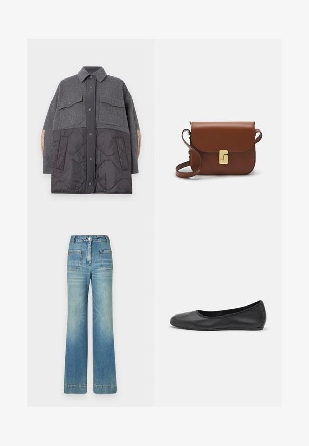 WEEKEND MaxMara OSSOLA - Light jacket - medium grey; White short-sleeve t-shirt made of ribbed fabric. Round neckline, regular fit, and subtle stitching details. No patterns or graphics.; Light blue denim flared jeans with five pockets, belt loops, button closure, and a slightly faded texture, featuring a red logo detail on the back.; Black leather ballet flat with a rounded toe, smooth texture, minimal stitching detail, and a flexible sole design.; Brown leather handbag with a flap closure, gold-tone hardware, a shoulder strap, and a smooth texture. Compact rectangular shape.