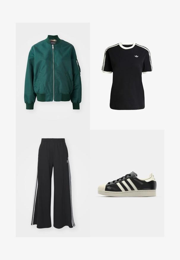 Mørkegrøn bomberjakke lavet af glat stof. Har en frontlynlås, ribbede manchetter og en sidelomme med lynlås.; Sort bomulds t-shirt med hvide detaljer på kraven og ærmerne, præget af tre hvide striber på hver skulder og et lille logo på brystet.; Sorte brede sweatpants med elastisk talje, med hvide sidelommer og et broderet logo på venstre lår.; Sort lædersneakers med hvide striber, gummitåkap, sorte snørebånd og en cremefarvet ydersål. Glat tekstur med blank overflade.