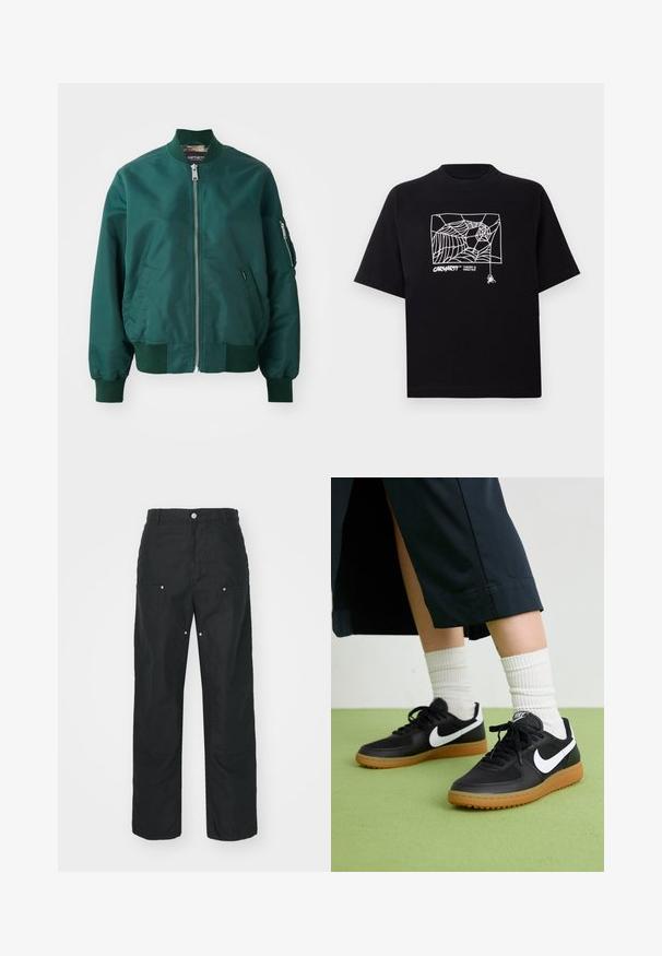 Mørkegrøn bomberjakke lavet af glat stof. Har en frontlynlås, ribbede manchetter og en sidelomme med lynlås.; Sort T-shirt lavet af bomuld med korte ærmer. Har et hvidt edderkoppespin grafik og logo på fronten. Enkel rund halsudskæring.; Sorte bukser med lige ben-design, lavet af et tekstureret stof. Har dekorativt sølvhardware og unikke sømdetaljer.; Sorte læder- og syntetiske sneakers med hvid Nike swoosh, gummisål, rund tå og sorte snørebånd. Ribbede hvide sokker synlige.