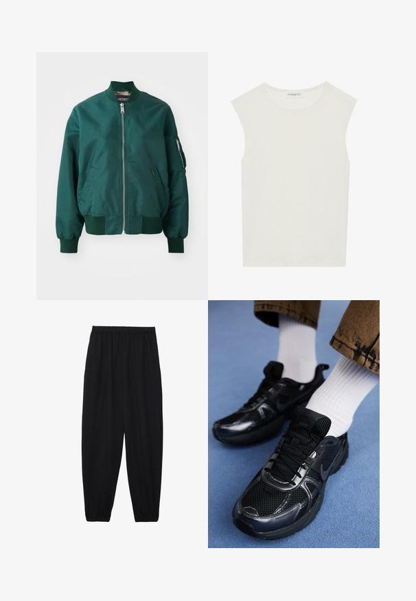 Dark green bomber jacket made of smooth fabric. Features a front zipper, ribbed cuffs, and a side pocket with a zipper.; White sleeveless top with a round neckline. Made of smooth fabric, it features a relaxed fit and minimalist design. No patterns or accents.; Black, lightweight pants with an elastic waistband and gathered ankles. The fabric is smooth and features a relaxed, tapered design.; Black Nike sports shoes feature a mesh upper with shiny accents, black laces, and a textured sole. Paired with white ribbed socks.