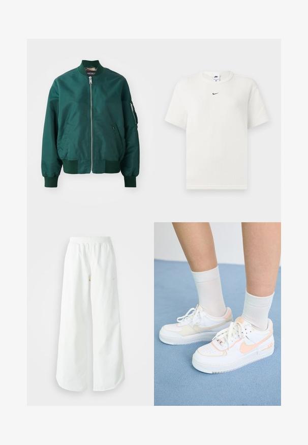 Tamsiai žalios spalvos bomberio striukė, pagaminta iš lygios medžiagos. Ji turi priekį paslėptu užtrauktuku, gaubtinius rankogalius ir šoninį kišenę su užtrauktuku.; Balta raukšlėta marškinėliai su apvaliu iškirpimu ir trumpomis rankovėmis. Ant krūtinės yra mažas juodas Nike logotipas. Audinys tekstūruotas, marškiniai tinka prie kūno.; Balti sportiniai keliai su platėjančiomis kojomis, su įtemptu juosmeniu ir subtilia logotipo detale. Lygus audinys, laisvas kirpimas ir siaurėjantis apatinis kraštas.; Balti sportbačiai su persikų akcentais, lygus odinis paviršius, perforuota nosis, tekstūruotas padas ir raišteliai. Dėvimi su baltais džinsiniais kojinėmis ant mėlynos paviršiaus.