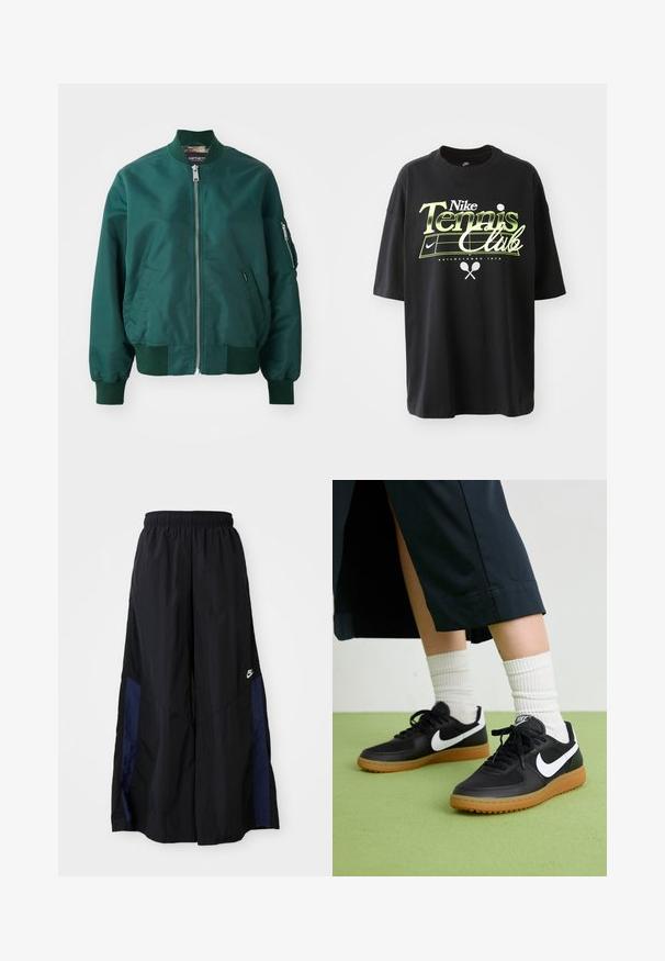 Dark green bomber jacket made of smooth fabric. Features a front zipper, ribbed cuffs, and a side pocket with a zipper.; Black cotton t-shirt with short sleeves, featuring green and white "Nike Tennis Club" graphic, tennis ball, and racket illustrations.; Black wide-leg pants made of lightweight fabric, featuring a navy blue side panel and an elastic waistband. Small white logo on bottom.; Black leather and synthetic sneakers with white Nike swoosh, rubber gum sole, round toe, and black laces. Ribbed white socks visible.