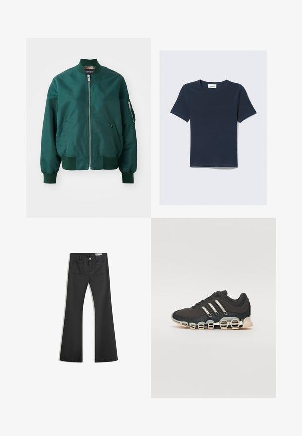 Sötétzöld bomberdzseki sima szövetből készült. Elől cipzáras, bordázott mandzsettákkal és egy cipzáras oldalsó zsebbel rendelkezik.; Sötétkék, rövid ujjú póló, kerek nyakkivágással. Puha anyagból készült, melynek nyakán a "WEEKDAY" feliratú címke található.; Fekete, sima textúrájú farmer flare nadrág, két hátsó zsebbel és gombos derékkal.; Fekete sportcipő texturált felsőrésszel, három ezüst csíkkal, és egy jellegzetes párnázott talppal, amely több integrált szakaszból áll.