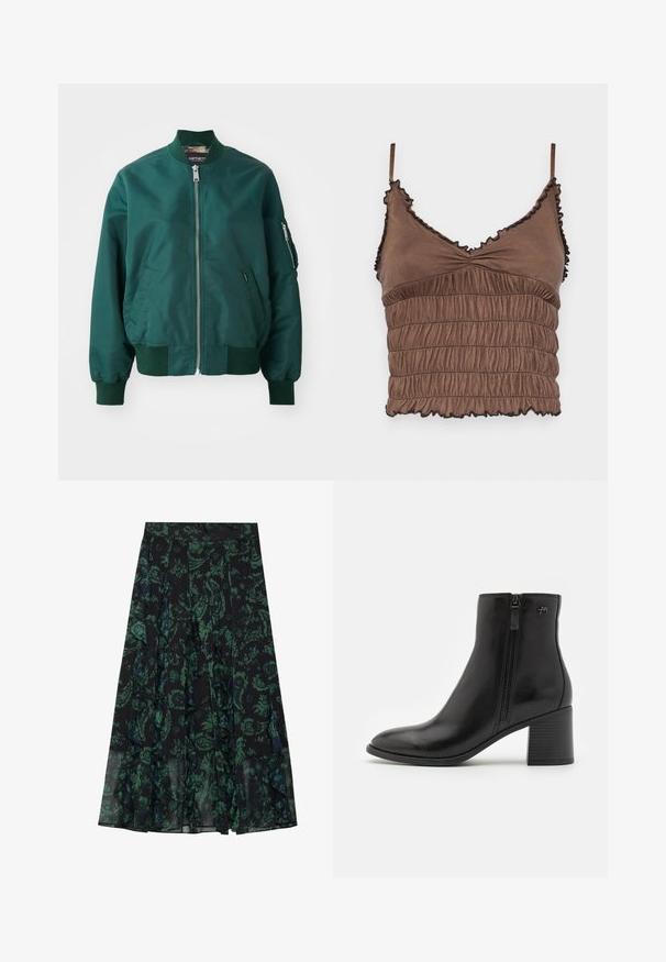Dunkelgrüne Bomberjacke aus glattem Material. Sie hat einen Frontreißverschluss, gerippte Bündchen und eine seitliche Tasche mit Reißverschluss.; Brauner Cropped-Top aus weichem Stoff, mit einem gerafften Design, verstellbaren Trägern und Rüschenkanten mit schwarzen Akzenten.; Schwarzer Rock mit grünem Blumenmuster, mit gefransten Kanten und Falten. Hergestellt aus leichtem Stoff, bietet er eine fließende Silhouette.; Schwarze Knöchelstiefel aus glattem Leder mit einem seitlichen Reißverschluss. Sie verfügen über eine spitze Schuhspitze und einen strukturierten Blockabsatz für Stabilität.