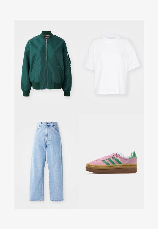 Donkergroene bomberjack van gladde stof. Voorzien van een voorrits, geribbelde manchetten en een zijzak met ritssluiting.; Witte katoenen t-shirt met een ronde hals, korte mouwen en een ontspannen pasvorm. Heeft een subtiel logo op het linkerborstgedeelte. Zachte textuur.; Hogewaisted lichtblauwe denim jeans met rechte wijde pijpen, voorste knoop, ritssluiting en voor- en achterkant zakken.; Roze suede sneakers met groene strepen, witte accenten en een bruine rubberen zool. Heeft een gestructureerde stof en logodetails aan de zijkant.