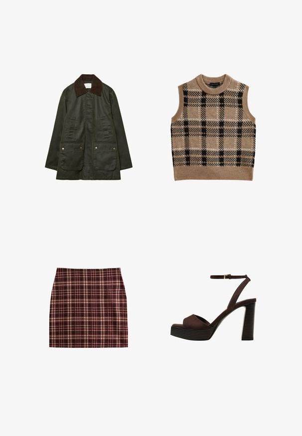 Stradivarius WAXED WITH MULTIPLE - Parka - khaki; Beige gebreide mouwloze vest met een ronde hals, voorzien van een zwart-wit geblokt patroon en een geribbelde boord.; Geruite rok met een bordeauxrood, beige en zwarte kleurenschema, gestructureerd ontwerp en een soepele textuur met een rechte snit.; Bruine suède high-heeled sandaal met een open teen, verstelbare enkelband en een gestreepte plateauzool.