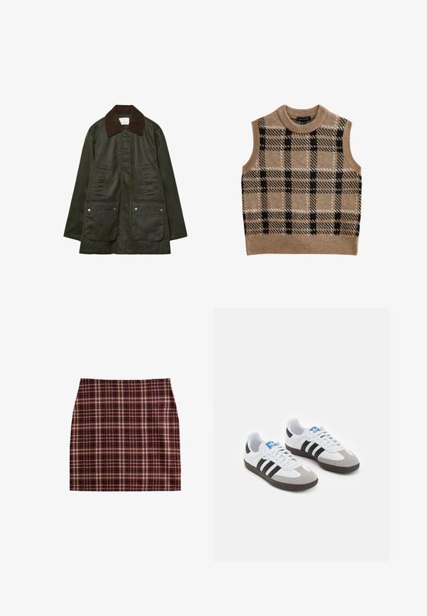 Stradivarius WAXED WITH MULTIPLE - Parka - khaki; Beige gebreide mouwloze vest met een ronde hals, voorzien van een zwart-wit geblokt patroon en een geribbelde boord.; Geruite rok met een bordeauxrood, beige en zwarte kleurenschema, gestructureerd ontwerp en een soepele textuur met een rechte snit.; Sportschoenen met een witte leren bovenkant, grijze suède neus en drie zwarte strepen. Bevat een blauw logo op de tong en een gestructureerde rubberen zool.