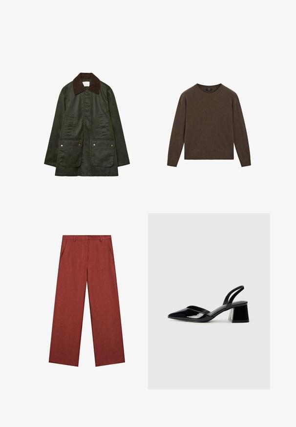 Stradivarius WAXED WITH MULTIPLE - Parka - khaki; Pull en maille marron avec un col ras du cou et des manches longues. Présente des poignets et un ourlet côtelés, fabriqué à partir d'un matériau doux et léger.; Pantalon à jambes larges couleur rouille, en tissu texturé, avec une ceinture devant, deux poches latérales et une finition lisse.; Escarpins en cuir verni noir avec bout pointu et talon bloc géométrique. Présente un design élégant et minimaliste ainsi qu'une texture lisse.