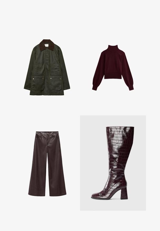 Stradivarius - Parka; Burgundowy sweter z golfem, z długimi, balonowymi rękawami, prążkowanymi mankietami i dołem, wykonany z miękkiej dzianiny, krótki fason.; Brązowe szerokie spodnie z ekologicznej skóry z wysokim stanem, z przodu kieszenie i klasyczne zapięcie na guzik. Gładka tekstura i matowe wykończenie.; Ciemnofioletowe, sięgające za kolano botki z teksturą krokodylej skóry i słupkowym obcasem na białym tle, pokazane z boku.