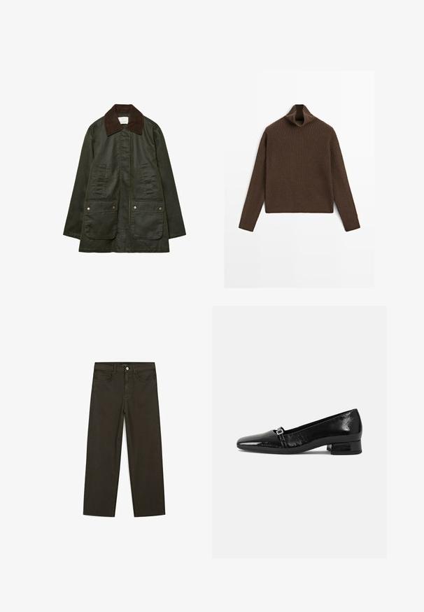 Stradivarius WAXED WITH MULTIPLE - Parka - khaki; Bruine geribbelde gebreide coltrui met lange mouwen, plat neergelegd op een witte achtergrond.; Donkergroene wijde jeans van een katoenmix, met een sluiting met een voorste knop, vijf zakken en klassieke denimstiksels.; Zwarte laarzen van gepatenteerd leer met een puntige neus, een lage vierkante hak en een kleine metalen gespdetail op de band. Gladde textuur.