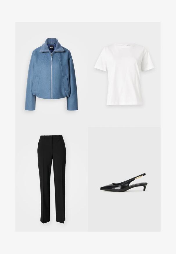 Jaqueta curta azul com colarinho, feita de tecido suave. Apresenta um fecho frontal com zipper e dois bolsos laterais. Detalhe texturizado no colarinho.; T-shirt de algodão branco com mangas curtas, decote redondo e um corte descontraído. Textura suave, sem padrões ou detalhes, design minimalista.; Calças pretas de corte ajustado com um design de perna reta, apresentando uma textura lisa e pregas bem definidas na frente. Sem hardware visível.; Saltos slingback em couro preto com bico fino, apresentando um salto esguio e um detalhe em tom dourado na alça ajustável. Textura suave.