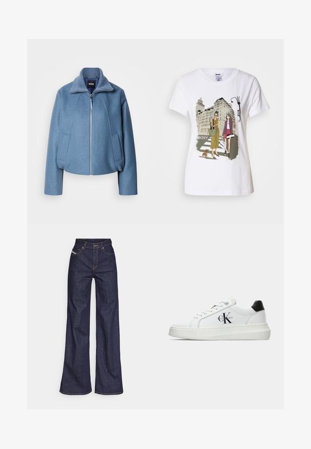 Sinine lühikeste varrukatega jakk kaelusega, valmistatud pehmest kangast. Omab ees oleva tõmblukuga ja kahte küljetaskut. Tekstuuriga kaeluse detail.; Valge puuvillane T-särk, millel on trükitud illustreerimine kahest naisest, kes kannavad linnastiili, koos koeraga ülekäigurajal ning linnamajadega.; Tumedates sinised laiad teksad denimpesus, kõrge vöökohaga, mis on varustatud oranžide õmblustega, viie-taskulise disaini ja nööbiga kinnitusega.; Valge madalate sokkidega jooksutoss, millel on must konts, platvormi tallad, paelad ja Calvin Kleini "CK" logo küljel.