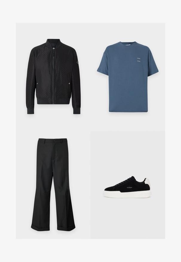 JOOP! ADAMS - Bomber tipa jaka - black; Zilas kokvilnas T-krekls ar klasisku apaļu kaklu, īsām piedurknēm, brīvu piegriezumu un diviem maziem apdrukātiem logo uz krūtīm. Gluda tekstūra.; Melni plaši bikses ar pogājam jostu un apakšdaļu ar aprocēm, izliktas uz vienkārša balta fona.; Melni zema profila sporta apavi ar baltu zoli un papēdi, ar šņorēm priekšpusē un Calvin Klein logo sānos.