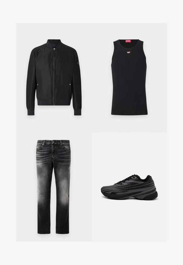 JOOP! ADAMS - Blusão aviador - black; Camisola preta sem mangas feita de tecido suave, com decote redondo, aberturas para os braços e um pequeno logótipo vermelho no peito. Design simples.; Calças jeans pretas com acabamento desbotado e detalhes desgastados, design padrão de cinco bolsos e fecho com zip. Feitas de tecido denim.; Shoe de corrida preta com um cabedal texturizado apresentando riscas cinzentas. Sola grossa para amortecimento, bico redondo e atacadores planos para um ajuste seguro.