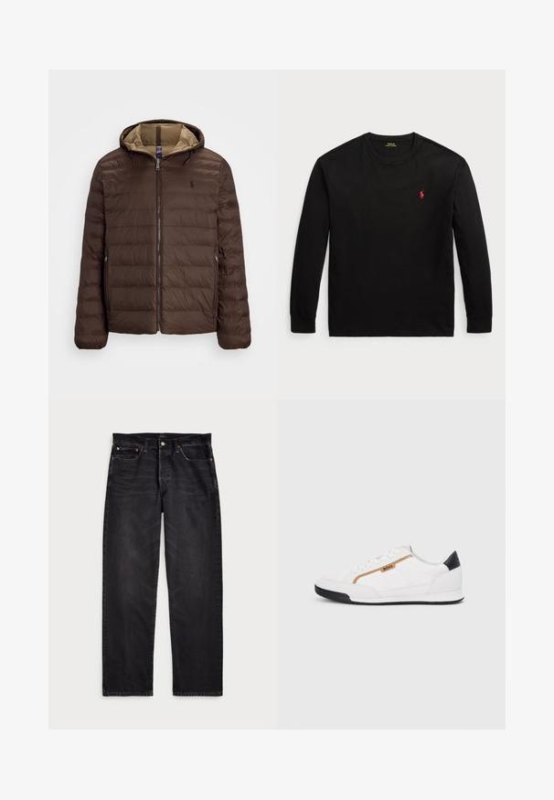 Barna puffdzseki steppelt mintával, cipzáros elülső résszel, kapucnival és kontrasztos bézs béléssel. Kicsi logó található a mellkason, valamint elasztikus mandzsetták.; Fekete, hosszú ujjú pamut póló. Kerek nyakkal, bordás mandzsettákkal és egy kis piros hímzett logóval rendelkezik a mellrészen. Sima tapintású.; Fekete farmernadrág egyenes fazonnal, kontrasztos varrással, gombos záródással és öt zsebbel. Texturált anyag sima felülettel.; Fehér sportcipők, hálós és bőr díszítésekkel. Kiemelkedő arany "BOSS" logó, textúrázott oldalpanelekkel és fekete sarokkal. Gumi talp.