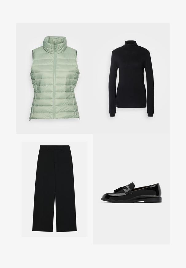 Marc O'Polo VEST STAND UP COLLAR FRONT ZIPPER - Colete - breezy mint; Suéter de gola alta preto feito de um tecido de malha suave, com mangas longas e uma silhueta ajustada, apresentando um colarinho e bainha canelados.; Calças pretas de perna larga feitas de um tecido suave. Apresentam uma cintura plana com passantes para cinto e sem bolsos visíveis. Design simples.; Mocassins pretos em couro verniz com salto baixo, apresentando um detalhe em franja e superfície lisa, desenhados com um bico arredondado e costura subtil.