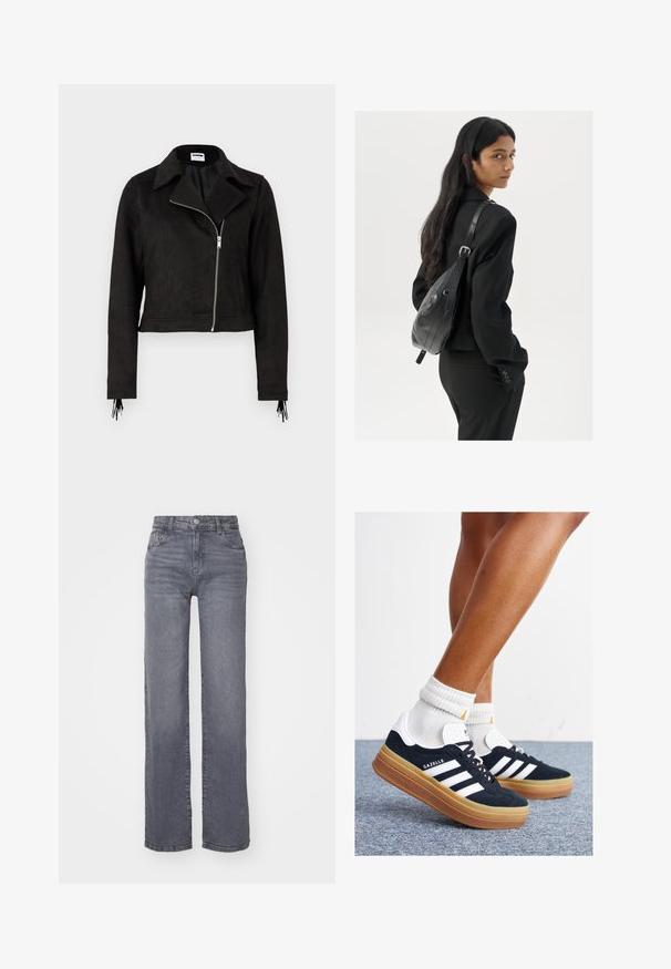 Melnas samta jaka ar īsu garumu, ar izgrieztu apkakli, slīpu rāvējslēdzēju priekšpusi un garām piedurknēm, kurām ir frnges detaļas pie aprocēm.; Balta bezpiedurkņu topiņš no ribotā auduma, ar noapaļotu kakla izgriezumu un pieguļošu siluetu, ar minimālām šuvēm un bez rotājumiem.; Pelēki plati bikses no denima ar gludu tekstūru, ar pogu un rāvējslēdzēju, kā arī piecām kabatām.; Melnas zamšādas sporta kurpes ar baltām svītrām un akcentiem, apaļa purngala daļa, gumijas zole, kopā ar baltām ribotām sporta zeķēm.; Sieviete ar garām tumšām matiem, ģērbusies melnā uzvalkā, nēsā melnu ādas plecu somu un skatās pāri plecam uz balta fona.