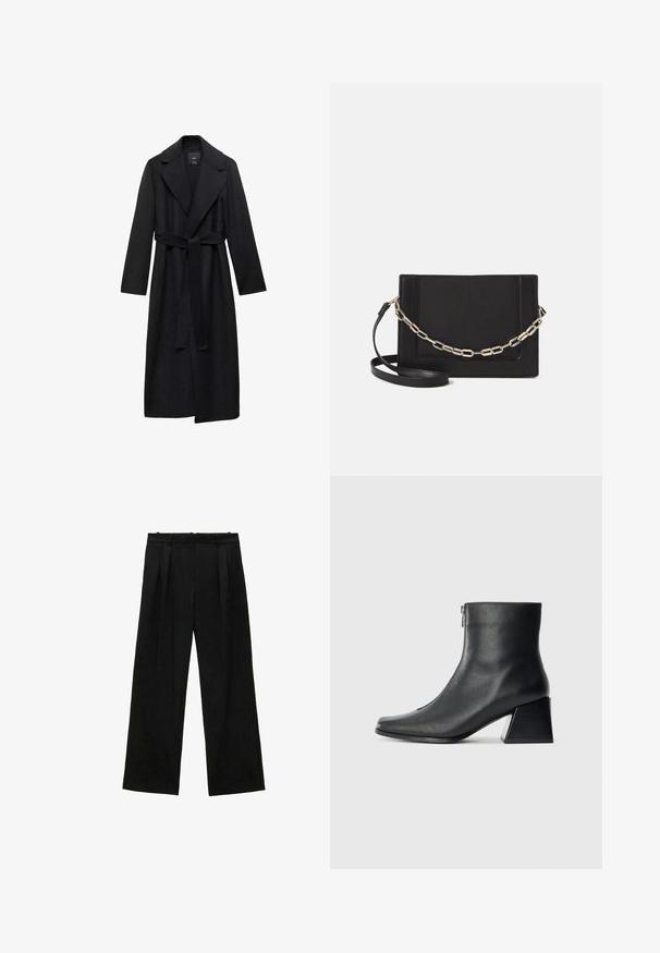Black wool blend long coat with a belted waist, wide lapels, and long sleeves. Features a clean, minimal design and a relaxed silhouette.; Black turtleneck sweater, made of knit material, features long sleeves, a fitted collar, and a slightly cropped hem. Smooth texture, solid color.; Black wide-leg trousers with pleats, featuring a smooth texture and a high waist design. Minimalist style, no visible hardware or embellishments.; Black leather ankle boot with square toe, side zipper, and block heel against plain light background.; Black leather crossbody bag featuring a smooth texture, rectangular shape, and a metallic chain detail on the front. Adjustable strap included.