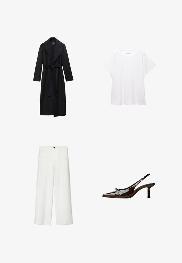 Črn volnen mešanica dolg plašč s pasom, širokimi klapnicami in dolgimi rokavi. Ima čist, minimalističen dizajn in sproščen silhuet.; Bela majica s kratkimi rukavi, izdelana iz mehkega in lahkega blaga. Ima okroglo ovratnico ter kratke, široke rokave z udobnim krojem. Brez vidnih vzorcev.; Beli, široke hlače z gladko teksturo, ki imajo sprednji gumb in zankice za pas, zasnovane za sproščen kroj.; Rjave lakirane slingback čevlje z oglatim nosom, nizko peto in dekorativno pentljo na sprednji strani. Gladka, sijoča tekstura.