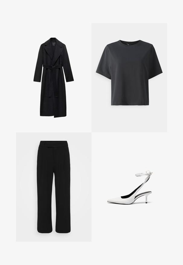 Črn volnen mešanica dolg plašč s pasom, širokimi klapnicami in dolgimi rokavi. Ima čist, minimalističen dizajn in sproščen silhuet.; Črna bombažna majica, kratki rokavi, krojeni ovratnik, sproščenega kroja, gladka tekstura, preprost dizajn, brez vzorcev ali dodatkov.; Črne široke hlače iz gladkega materiala, z ravnim sprednjim delom, zanko za pas in brez vidnih žepov. Čist, krojen dizajn.; Bele stiletto sandale z odprtim nosom in tankim zapenjanjem okoli gležnja. Gladek usnjen material, tanki stiletto pete in črna notranja podloga.