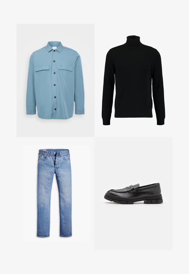 Jasnoniebieska koszula z guzikami, z dwiema kieszeniami na piersi, czarnymi guzikami i gładką fakturą. Posiada kołnierzyk i długie rękawy.; Czarny sweter z golfem, wykonany z miękkiego, dzianinowego materiału. Posiada długie rękawy, prążkowany kołnierz i dół. Prosty, elegancki design bez wzorów.; Jasnoniebieskie dżinsy o prostym kroju, z pięcioma guzikami, pętelkami na pasek i subtelnym wyblaknięciem. Posiadają dwie kieszenie z przodu i miedziane nitkowanie.; Czarne skórzane mokasyny o gładkim wykończeniu, z paskiem na przodzie i masywną gumową podeszwą z rowkowaniem.
