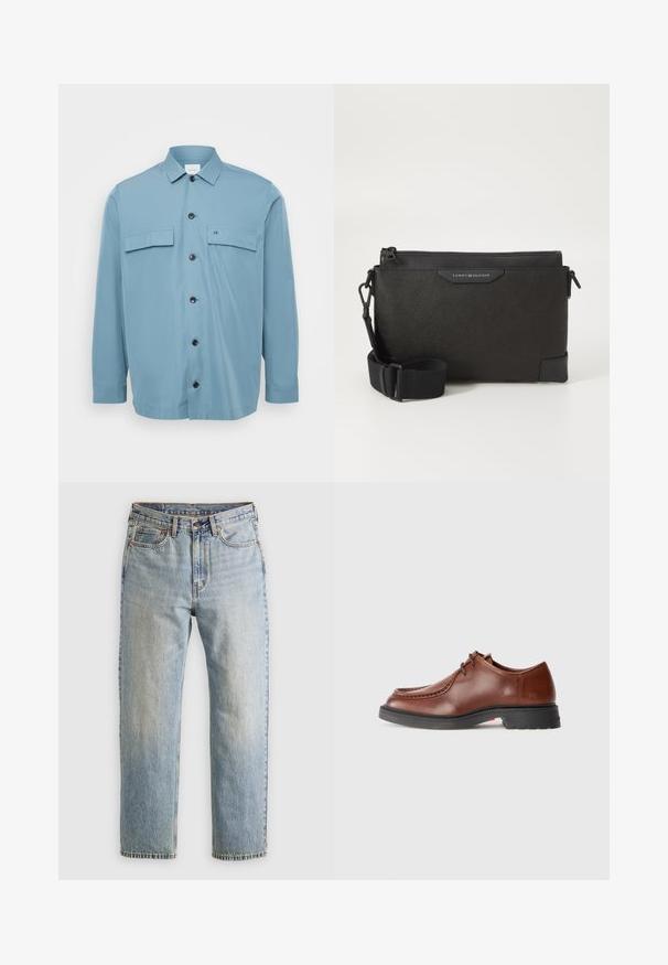 Lyseblå skjorte med knapper og to brystlommer, sorte knapper og en glat tekstur. Har en krave og lange ærmer.; Bordeaux langærmet skjorte lavet af bomuld, der har en knap-ned krave, frontknaplukning og et lille logo på brystet.; Lysblå denim jeans med høj talje, frontknap, lynlås og fem-lomme design, lagt fladt på en neutral baggrund.; Brune læderdress sko med rund tå, kontrasterende syninger, snørebånd design og en tekstureret sort gummisål.; Sort læder crossover taske med en tekstureret overflade, der har lynlås og justerbar skulderrem. Logoetiket på fronten. Rektangulær form.