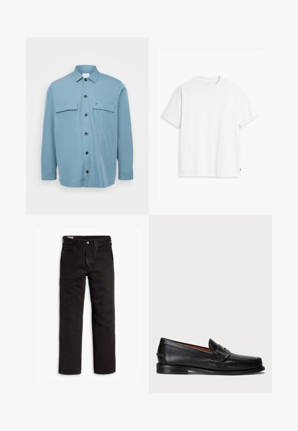 Šviesiai mėlynas marškinėlių švarkas su dviem krūtinės kišenėmis, juodais sagomis ir sklandžiu paviršiumi. Su apykakle ir ilgomis rankovėmis.; Balta medvilninė marškinė su trumpomis rankovėmis, apvaliu kaklu ir subtiliu Levi's logotipu viduryje. Minkšta tekstūra ir standartinė išvaizda.; Juodos tiesios kojų džinsinės kelnės su penkiomis kišenėmis, mygtuko užsegimu ir diržo kilpomis, išdėstytos plokščiai ant balto fono.; Juodos odinės loafers tipo batai su apvaliu pirštu, siuvinėta detalė ir dekoratyvine juostele per priekį. Plokščias padas su minimalia profiliu.