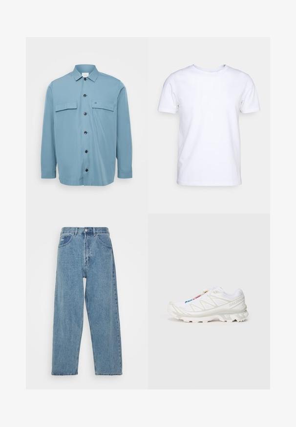 Svijetloplava košulja na gumb s dva džepa na prsima, crnim gumbima i glatk teksturom. Ima ovratnik i dugačke rukave.; Bijela majica kratkih rukava od pamučnog materijala s okruglim izrezom. Jednostavan dizajn bez uzoraka ili naglasaka. Glatka tekstura.; Svijetloplave traperice s visokim strukom, ležernog kroja, koje imaju dva prednja džepa, stražnji džep s pletenicom i kopčanje na gumb.; Bijela atletska obuća s teksturiranim mrežastim gornjim dijelom, reflektirajućim detaljima i podstavljenim potplatom. Značajan logo brenda sa strane.
