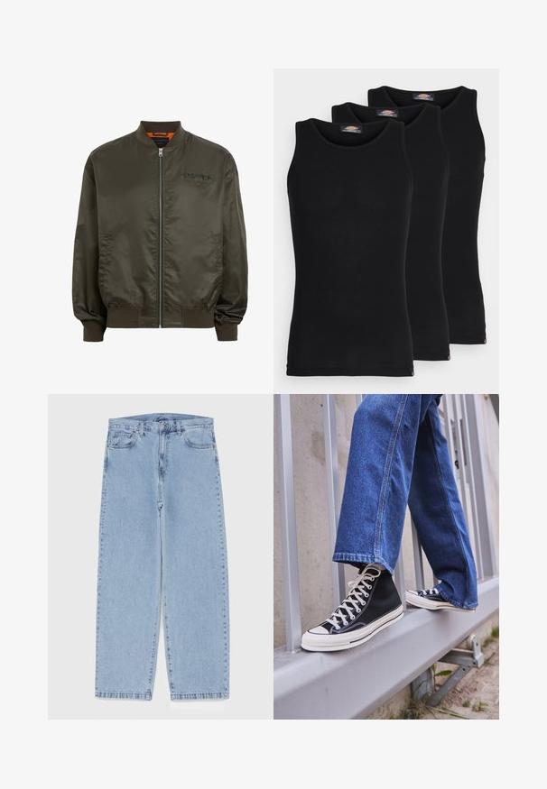 Olivengrønt bomberjakke med lynlås foran, ribbestrikkede manchetter og kant, samt broderet logo detalje. Fremstillet af glat, let væv.; Sorte tanktoppe i en pakke med tre. Ribbet tekstur, standard rund halsudskæring, uden ærmer. Kanten har et lille brandlogo nederst.; Lyseblå denimjeans med straight leg-design, der har en mid-rise talje, fem lommer og en lukning med knap og lynlås.; Sorte høj-top sneakers med hvid sål og snørebånd, parret med løse blå denimjeans, hvilende på et gråt gelænder.