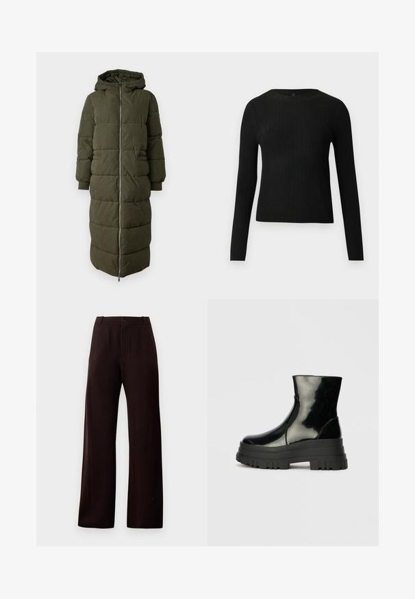 Pikk oliiviroheline puffer-kate, millel on kapuuts, täispikk tõmblukk, vertikaalsed õmblused ja kaks küljetaskut. Pehme, matt tekstuur.; Mustmustriibuline must pikavarsiline sobiv sviiter ümmarguse kaelusega, esitatud helehallil taustal.; Tumedat pruunid laiad püksid, millel on lukk, nööbiga kinnitamine ja vöökohal silmused, esitatud üheltoonilisel taustal.; Must mustakate läikiv ankle boot paksu lõkkeka üle ja ümarate varvastega, külgvaates halli ühtlase taustal.