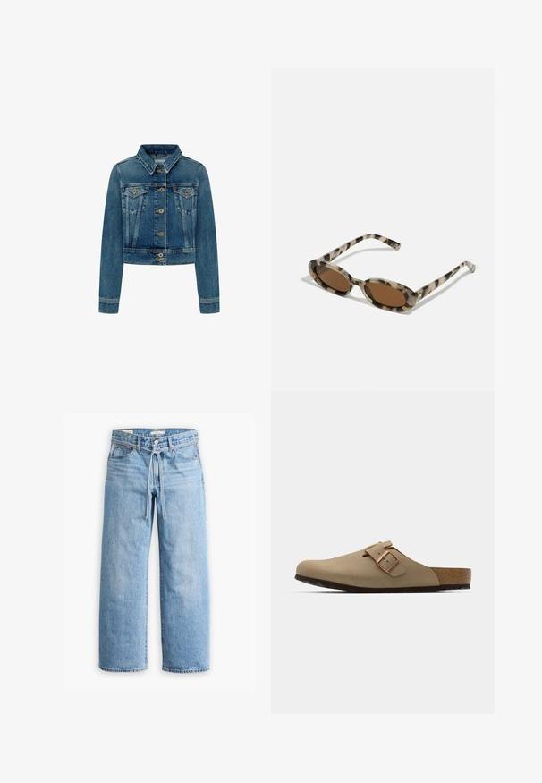 Skraćena traper jakna u srednje plavoj boji s kopčanjem na dugmad, dva džepa na grudima i klasičnom kragnom. Ima zlatne detalje na dugmadima.; Majica s dugim rukavima od pamuka s crno-bijelim horizontalnim prugama, okrugli ovratnik i meka tekstura. Nema vidljivih metalnih dijelova ili naglasaka.; Svijetloplavi traper široki traperice s visokim strukom, kopčanjem na gumb i zatvaračem te detaljem s vezicom u struku. Sirovi rub.; Bež drvene cipele s okruglim vrhom, podešavajućim kopčama i plutastim uloškom. Teksturirana površina s crnim gumiranim potplatom za bolje prianjanje.; Naočale od kornjače s ovalnim lećama, smeškom nijansom i tankim uzorkovanim stranama. Lagani plastični materijal s suptilnim zlatnim akcentima.