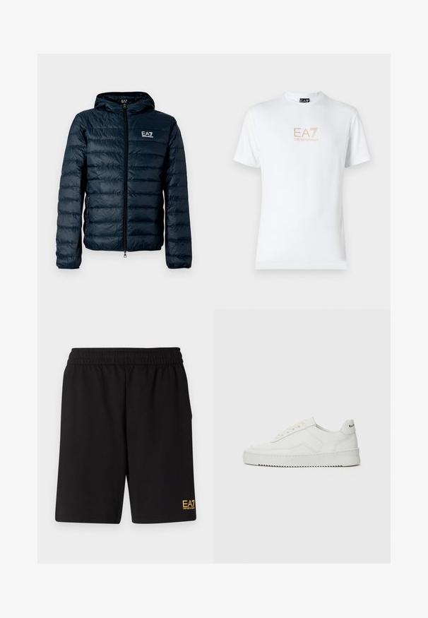 Tmavě modrá prošívaná péřová bunda s kapucí, předním zipem a logem EA7 na hrudi. Má hladkou, lesklou texturu a elastické manžety.; Bílé bavlněné tričko s kulatým výstřihem a krátkým rukávem, na přední straně s potiskem zlatého loga EA7 Emporio Armani.; Černé sportovní šortky vyrobené z měkké látky, s elastickým pasem a malým žlutým logem EA7 na dolní části levé nohy.; Bílé kožené tenisky s hladkým povrchem, kulatou špičkou, plochými tkaničkami a texturovanou podrážkou. Na patě se nachází nenápadné logo.