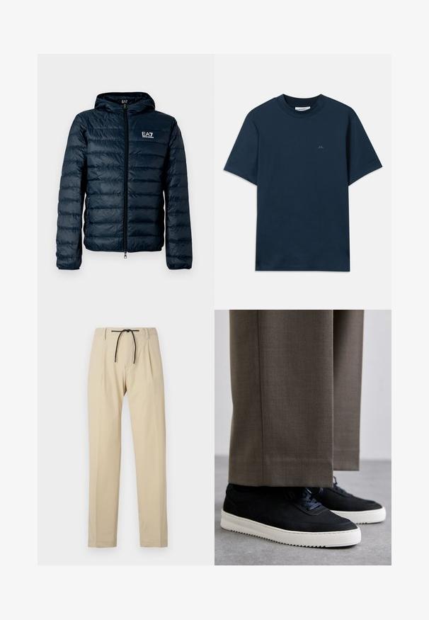 Casaco acolchoado azul-marinho com capuz, fecho de correr frontal e logótipo EA7 no peito. Apresenta uma textura lisa e brilhante e punhos elásticos.; T-shirt de algodão azul-marinho com gola redonda, mangas curtas e um logótipo discreto estampado no peito. Textura suave e corte clássico.; Calças bege com corte reto, apresentando um cós com cordão, frente plissada e textura suave. Design simples e versátil.; Sapatilhas de camurça pretas com solas de borracha brancas, apresentando um bico arredondado e atacadores, usadas com calças cinzas ajustadas.