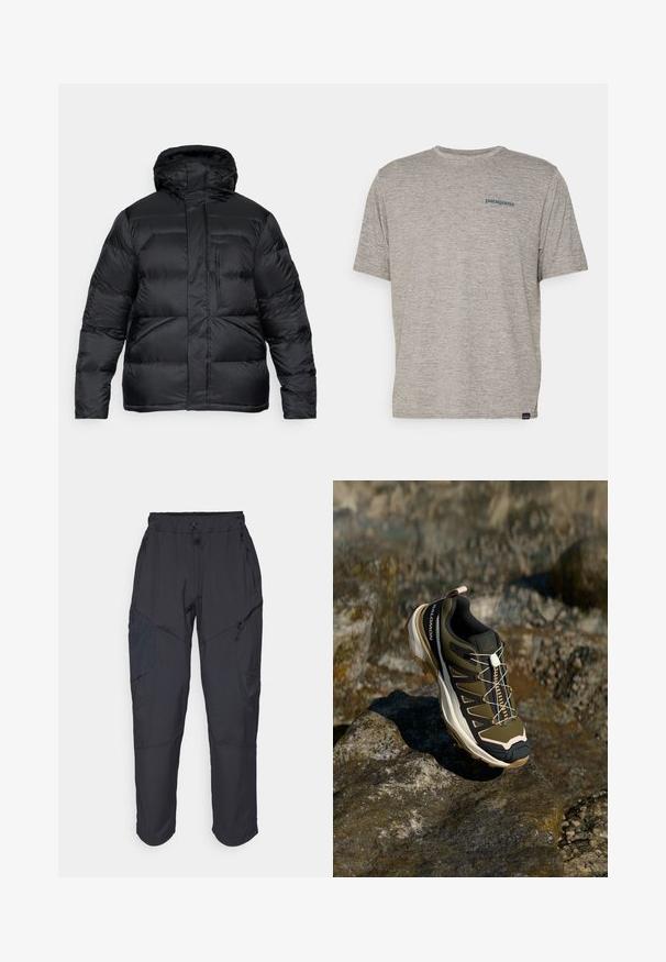 Black puffer jacket with a hood, featuring a quilted design, horizontal stitching, and a zippered front. Smooth fabric texture. No visible logos.; Gray short-sleeve t-shirt made of soft, textured fabric featuring a small blue Patagonia logo on the left chest. No additional patterns.; Black cargo pants made from a lightweight, water-resistant material; features elastic waistband, multiple zippered pockets, and tapered legs.; Hiking shoe in olive green and black with pink accents. Features a textured upper, flexible sole, reinforced toe cap, and colorful lacing system.