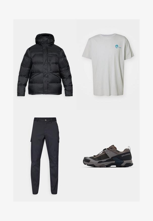 Czarna kurtka puchowa z kapturem, z pikowanym wzorem, poziomymi szwami i zamkiem błyskawicznym z przodu. Gładka faktura materiału. Brak widocznych logo.; Jasnoszara bawełniana koszulka z krótkim rękawem, okrągłym dekoltem i tealowym logo graficznym po lewej stronie klatki piersiowej. Prosty i casualowy design.; Granatowe spodnie cargo z trwałego materiału, z zapięciem na guzik, pięcioma kieszeniami oraz zwężanymi nogawkami z delikatną teksturą.; Buty outdoorowe z szaro-ciemnoniebieskim wzorem, teksturowanym materiałem, solidną podeszwą oraz regulowanym systemem sznurowania zapewniającym pewne dopasowanie.