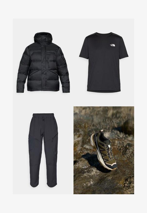 Black puffer jacket with a hood, featuring a quilted design, horizontal stitching, and a zippered front. Smooth fabric texture. No visible logos.; Black short-sleeve T-shirt made from lightweight fabric. Features a small white logo on the left chest and subtle shoulder accents.; Black cargo pants made from a lightweight, water-resistant material; features elastic waistband, multiple zippered pockets, and tapered legs.; Hiking shoe in olive green and black with pink accents. Features a textured upper, flexible sole, reinforced toe cap, and colorful lacing system.