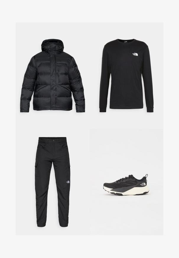 Juodas pūkinis džemperis su kapišonu, pasižymintis siuvinėta konstrukcija, horizontaliomis siūlėmis ir užtrauktuku priekyje. Lygi audinio tekstūra. Nėra matomų logotipų.; Juoda džemperis ilgomis rankovėmis, pagamintas iš medvilnės, su baltu logotipu kairėje krūtinės pusėje ir pūstomis rankogaliais. Lygus paviršius su apykakle.; The North Face HORIZON PANT - Lauko kelnės - black; Juodas sportinis batelis su tekstūruotu tinkleliu, solidžiai juodais akcentais ir lengvu baltu padu. Yra raištelių uždarymas ir trauktukas.