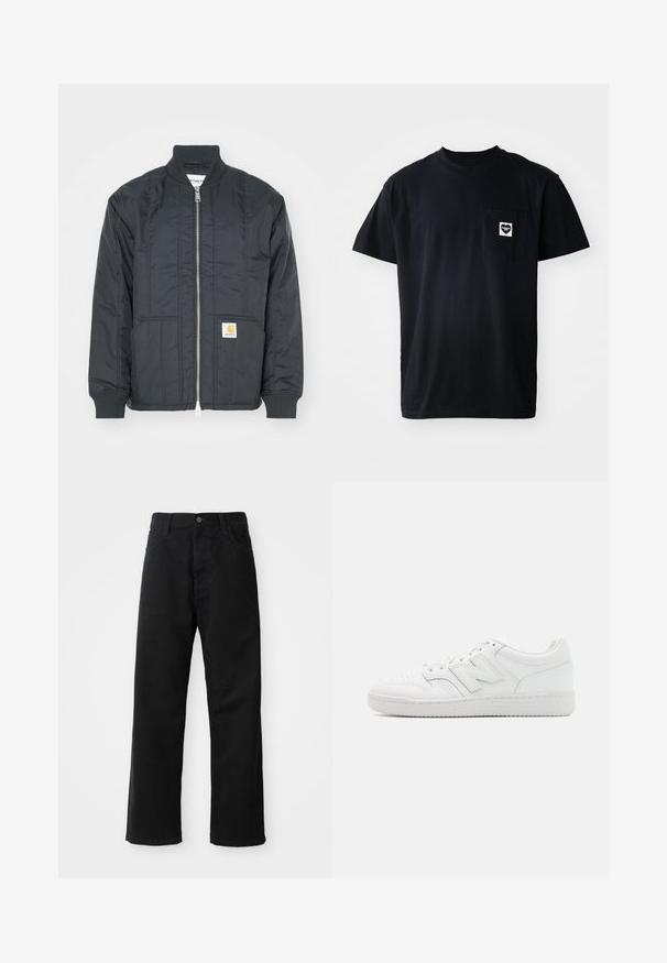 Črna prešita jakna z zadrgo spredaj, rebrastimi manšetami in stoječim ovratnikom. Ima dve stranski žepi in majhen logotip na žepu.; Črna bombažna majica s kratkimi rokavi in okroglim izrezom, s žepom na levem prsnem delu, ki ima belo srčasto logotip.; Črni kavbojki z ravnim krojem, ki imajo sprednje žepke, zadrgo in en zgornji gumb. Teksturovan material z mat zaključkom.; Bela teniska iz gladke usnjene obdelave, z perforiranim prstnim delom, teksturiranim gumijastim podplatom, ravnimi vezalkami in opaznim logotipom 'N' na strani.