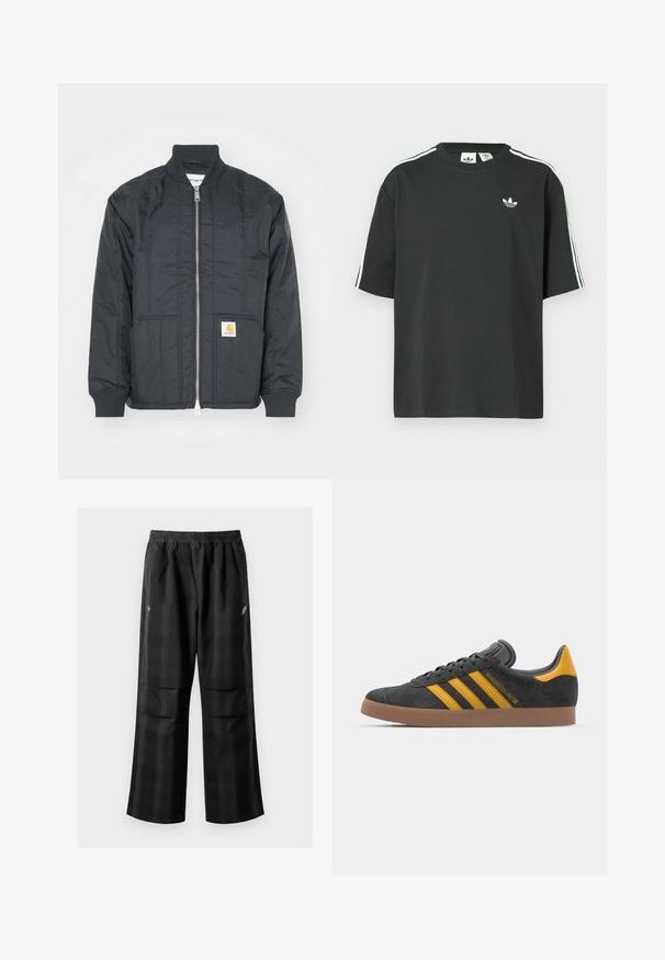 Melnā pīto jaka ar rāvējslēdzēju priekšā, ribotām aprocēm un stāvošu apkakli. Satur divas sānu kabatas un mazu logo piedurkni uz kabatas.; Melna kokvilnas T-krekls ar īsām piedurknēm, apaļu kakla izgriezumu un baltām trim svītrām uz pleciem. Uz krūtīm neliels balts logo.; Melnas kvadrātveida bikses ar elastīgu jostu, divām priekšējām kabatām un brīvu piegriezumu ar taisnām kājām. Izgatavotas no viegla materiāla.; Melnas zamšādas kedas ar dzelteniem akcentiem, kurām ir trīs svītras un brūna gumijas zole. Iekļauta mīksta valkāšanas tongue komfortam.