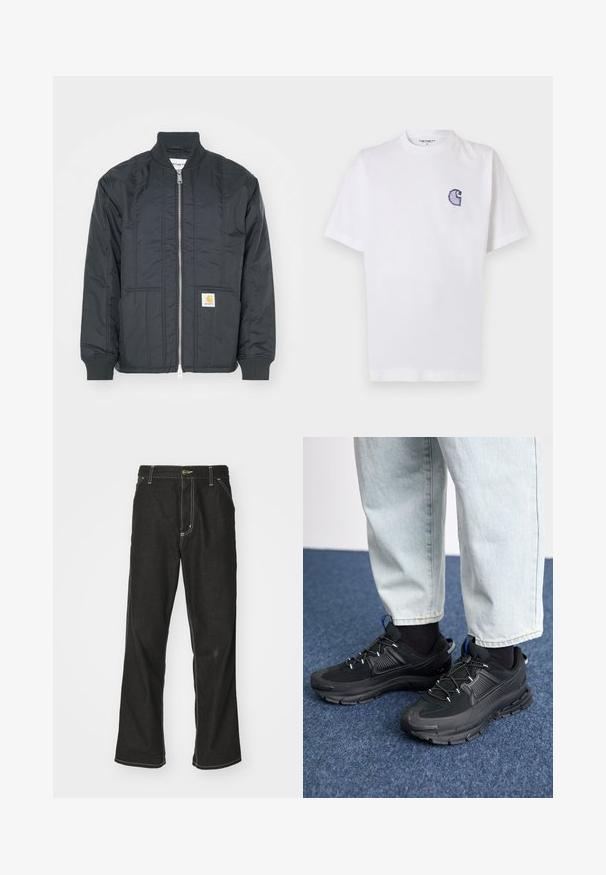 Sort quiltet jakke med lynlås i front, ribbede manchetter og stående krave. Har to sidelommer og et lille logo-patch på lommen.; Hvid bomuld t-shirt med korte ærmer, rund halsudskæring og et lille, broderet blåt "C"-logo på venstre side af brystet.; Sorte denimjeans med løs pasform, der har kontrasterende hvid syning, en knaplukning og et lige ben-design.; Sorte træningssko med tekstureret stof og gummisåler, udstyret med elastiske snørebånd og en blå detalje på hælen. Bæres med lyse denimbukser.